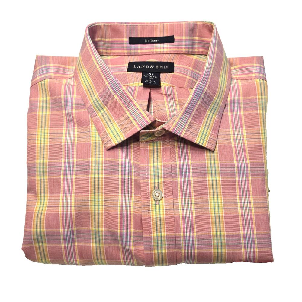 👔 Lands' End No Iron Shirt XL (17-17½)  Pink Yellow Check - Tailored Fit Cotton